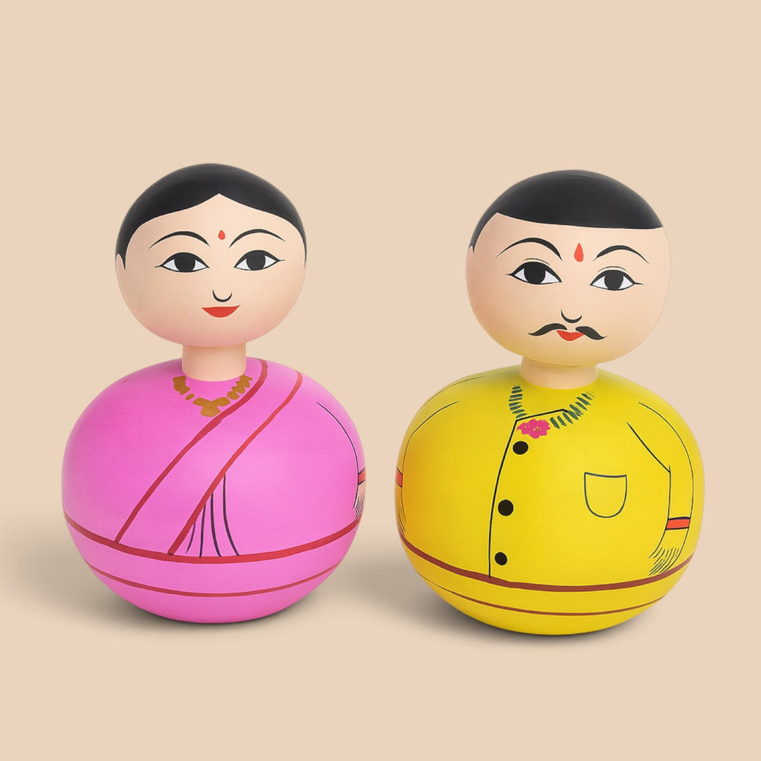 Set of 2 | Hand-Painted Pink & Yellow Bobble Head Couple Wooden Golu Dolls For Gifting & Decor