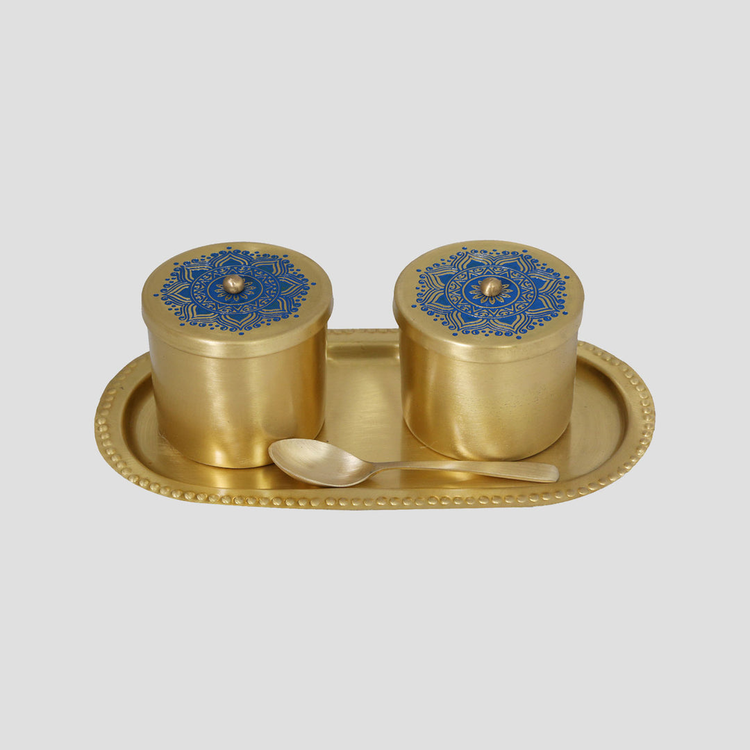 Utsav Handcrafted Brass Condiment Jars with Tray & Spoon