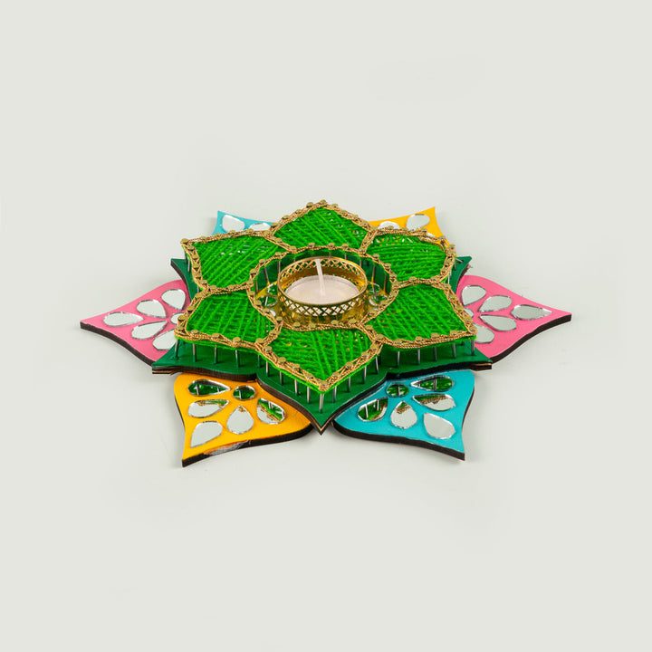Floral Shaped Green String Art & Mirrors Tealight Holder