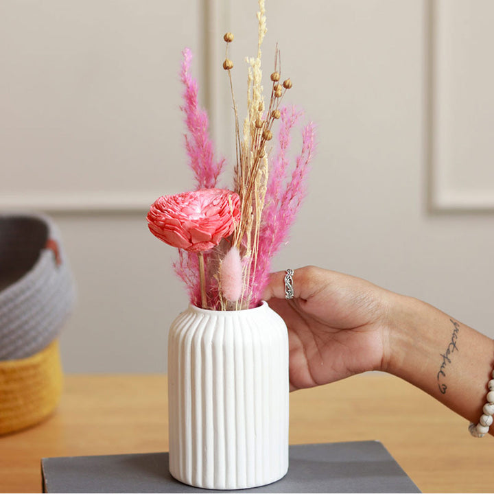 Snow White Ceramic Vase with Dried Ferns Bunch