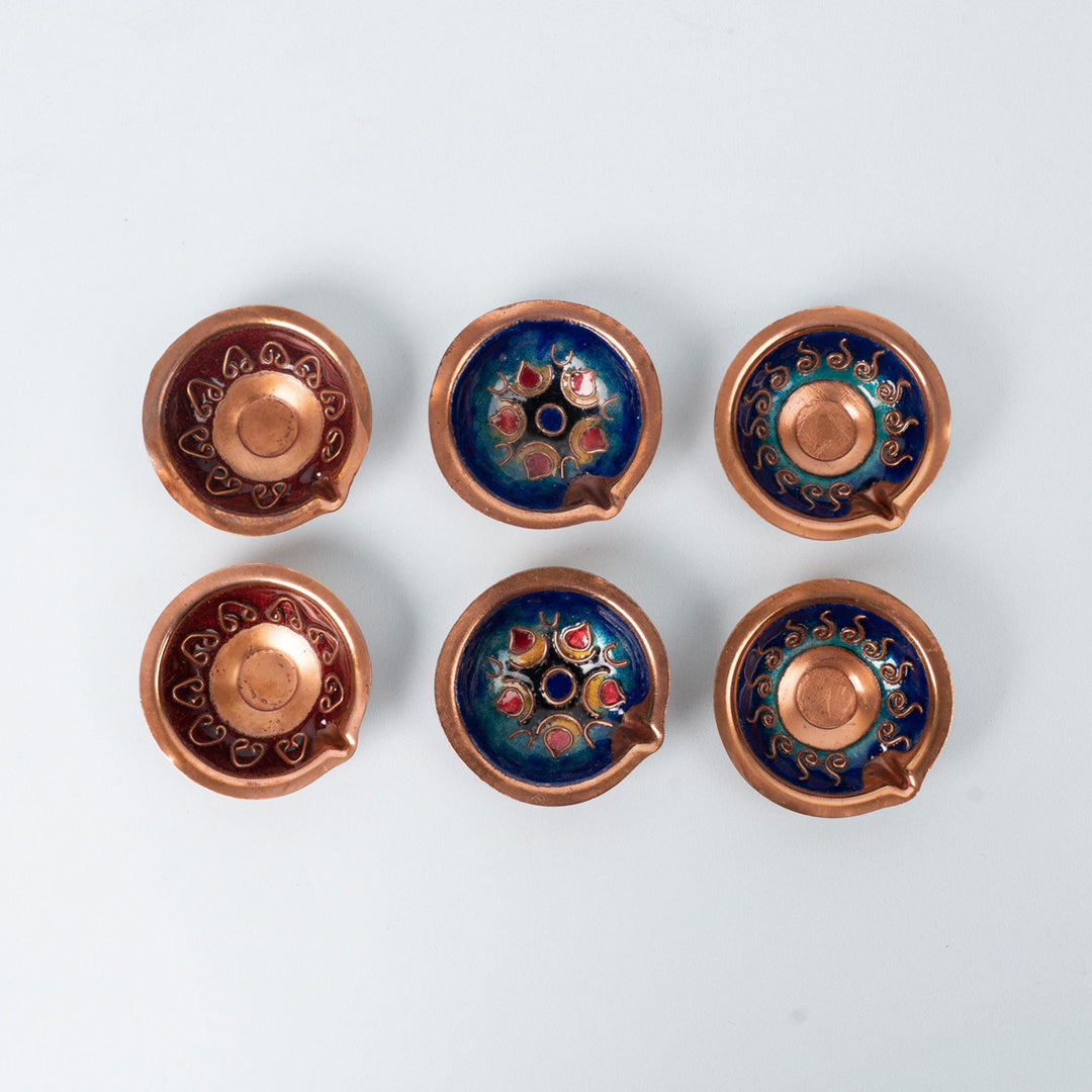 Copper Enamel Colorful Teardrop Diyas I Set of 6