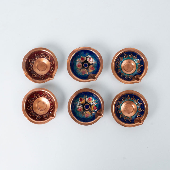 Copper Enamel Colorful Teardrop Diyas I Set of 6