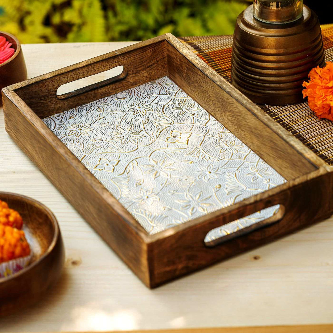 Gart Mango Wood & Metal Work Serving Tray