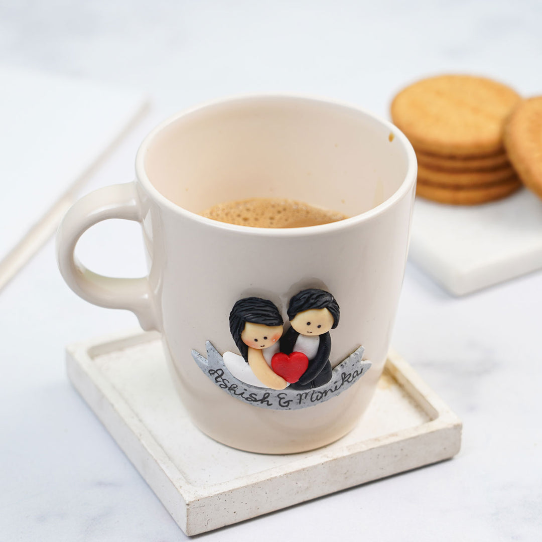 Personalized Couple & Heart Mug With 3D Clay Figurine