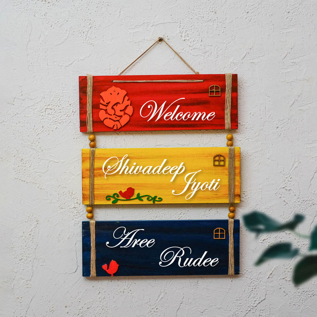 Hand-painted Personalized Ganesha Nameplate With 3 Planks - Zwende
