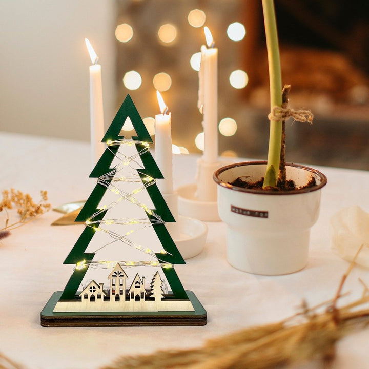 Handcrafted Xmas Tree With Lights Wooden Table Decor For Christmas Decoration