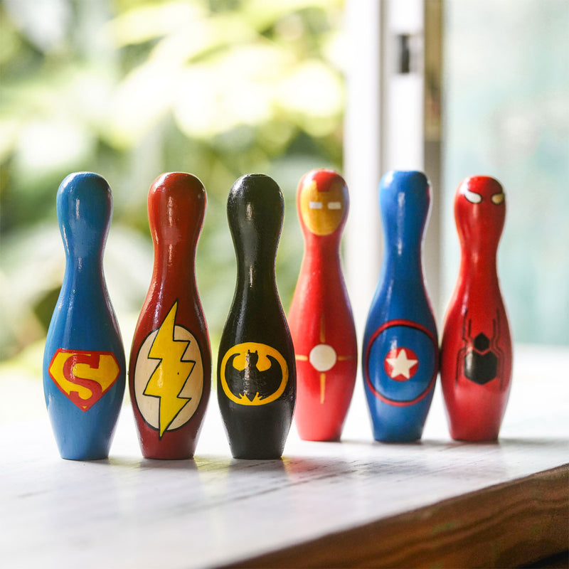 Handpainted Wooden Bowling Pins Toy Set I Superhero Theme