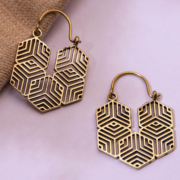 Handmade Brass Modern Hoop Earrings - Geometric Pattern