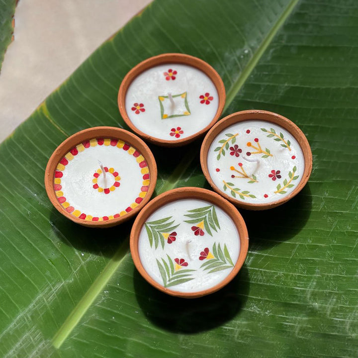 Soy Wax & Earthen Festive 4 Inch Diyas | Set of 4