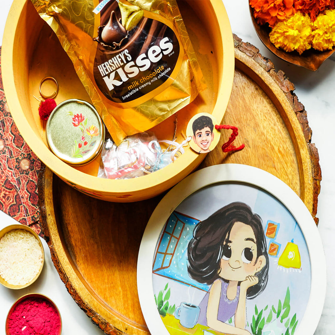Handpainted Personalized Caricature Rakhi Hamper With Caricature Nameplate 1 - Close-up of Contents