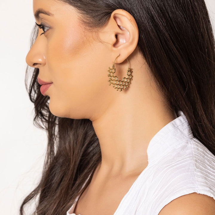 Handmade Brass Modern Hoop Earrings - Honeycomb