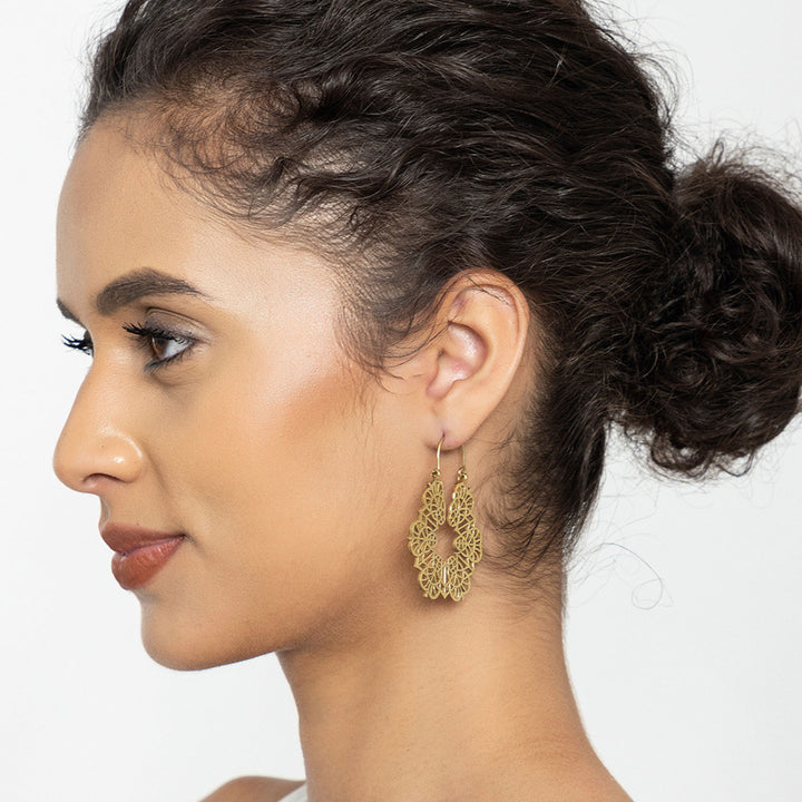 Handmade Brass Modern Hoop Earrings - Leafy Pattern