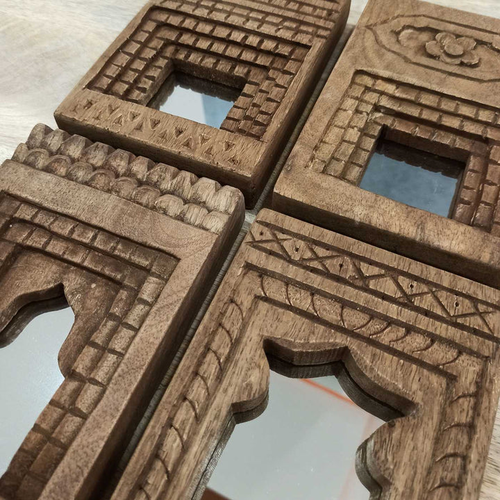Handcrafted Wooden Temple Mirror Frame | Set of 4