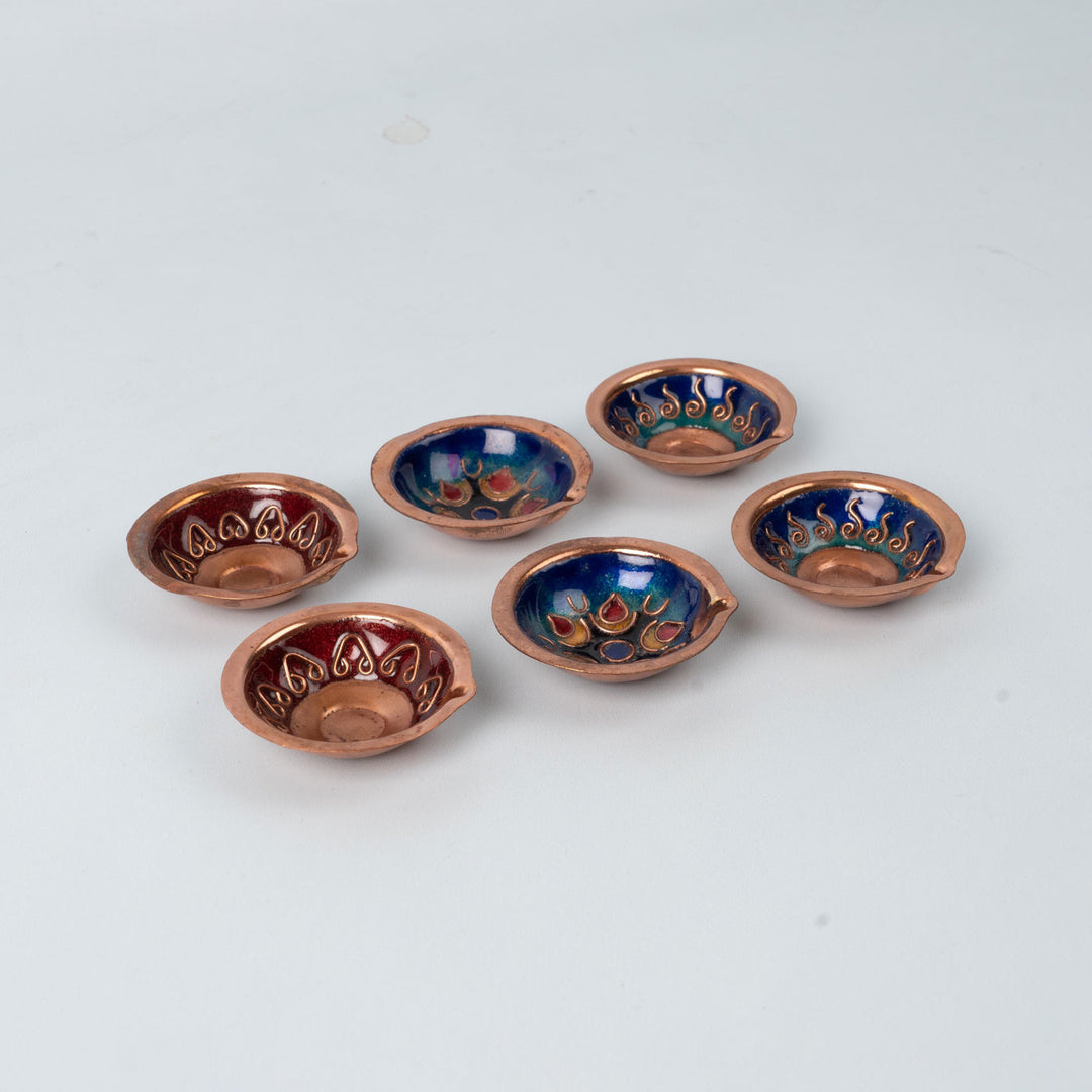 Copper Enamel Colorful Teardrop Diyas I Set of 6