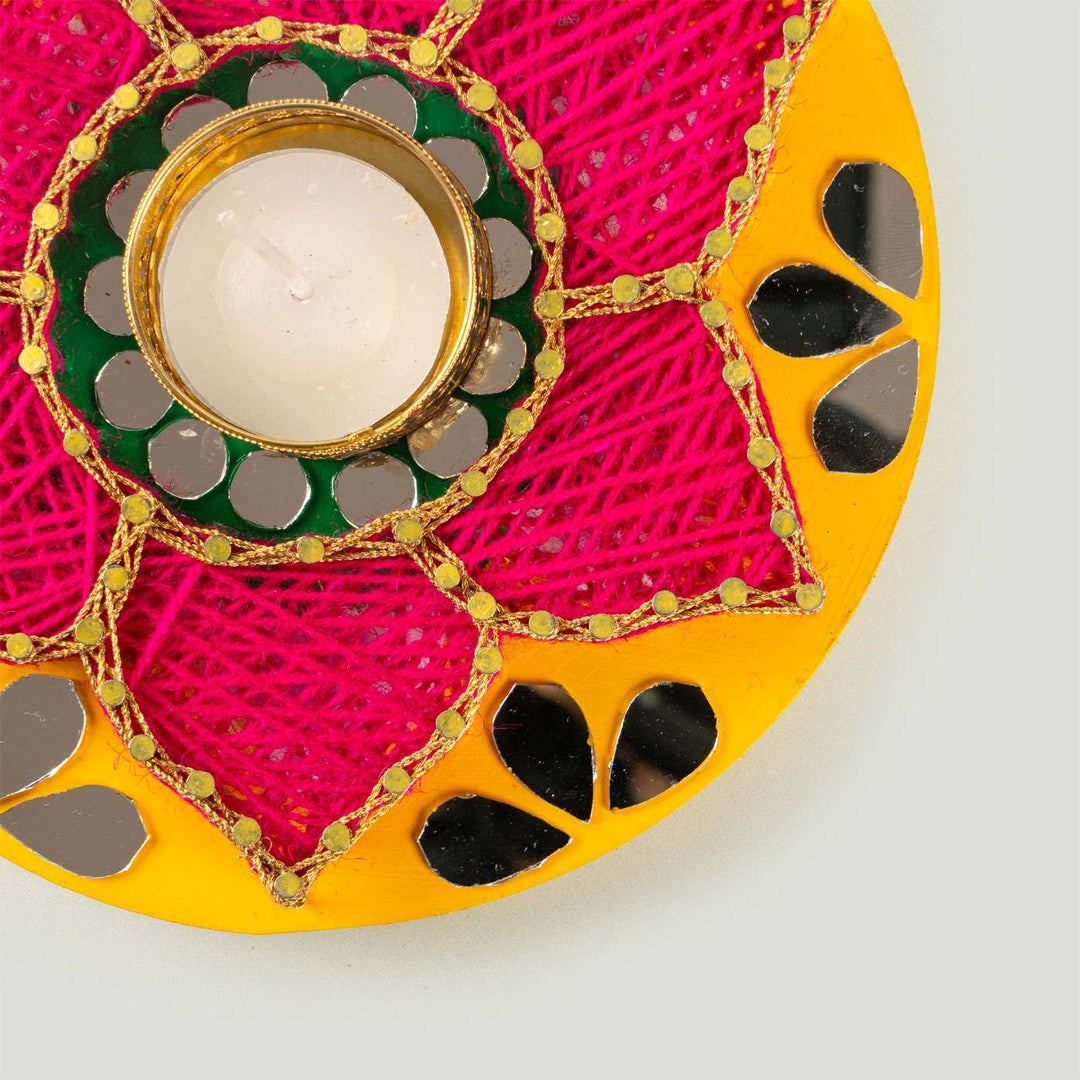 Floral Round Pink String Art & Mirrors Tealight Holder