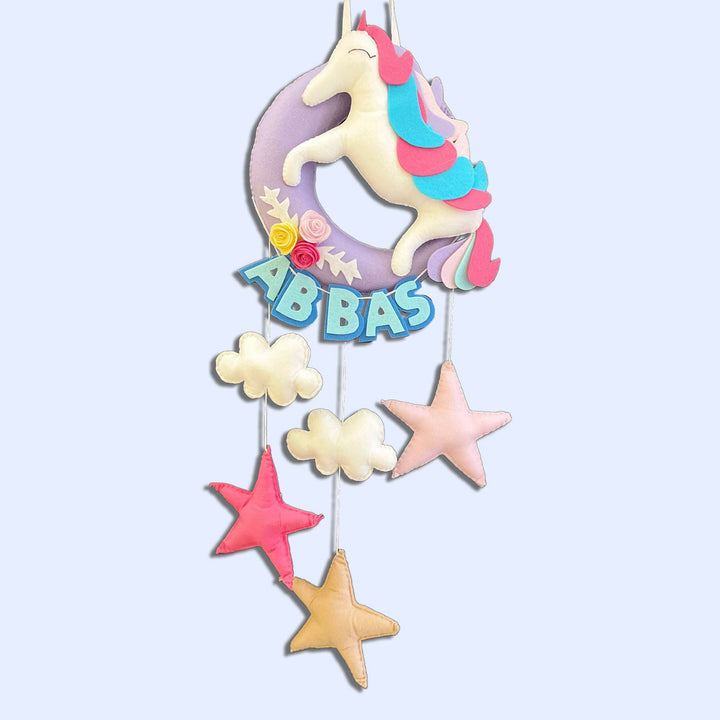 Handmade Unicorn On The Moon Kids Felt Name Hanging With Birthdate - Hanging with Name Personalization