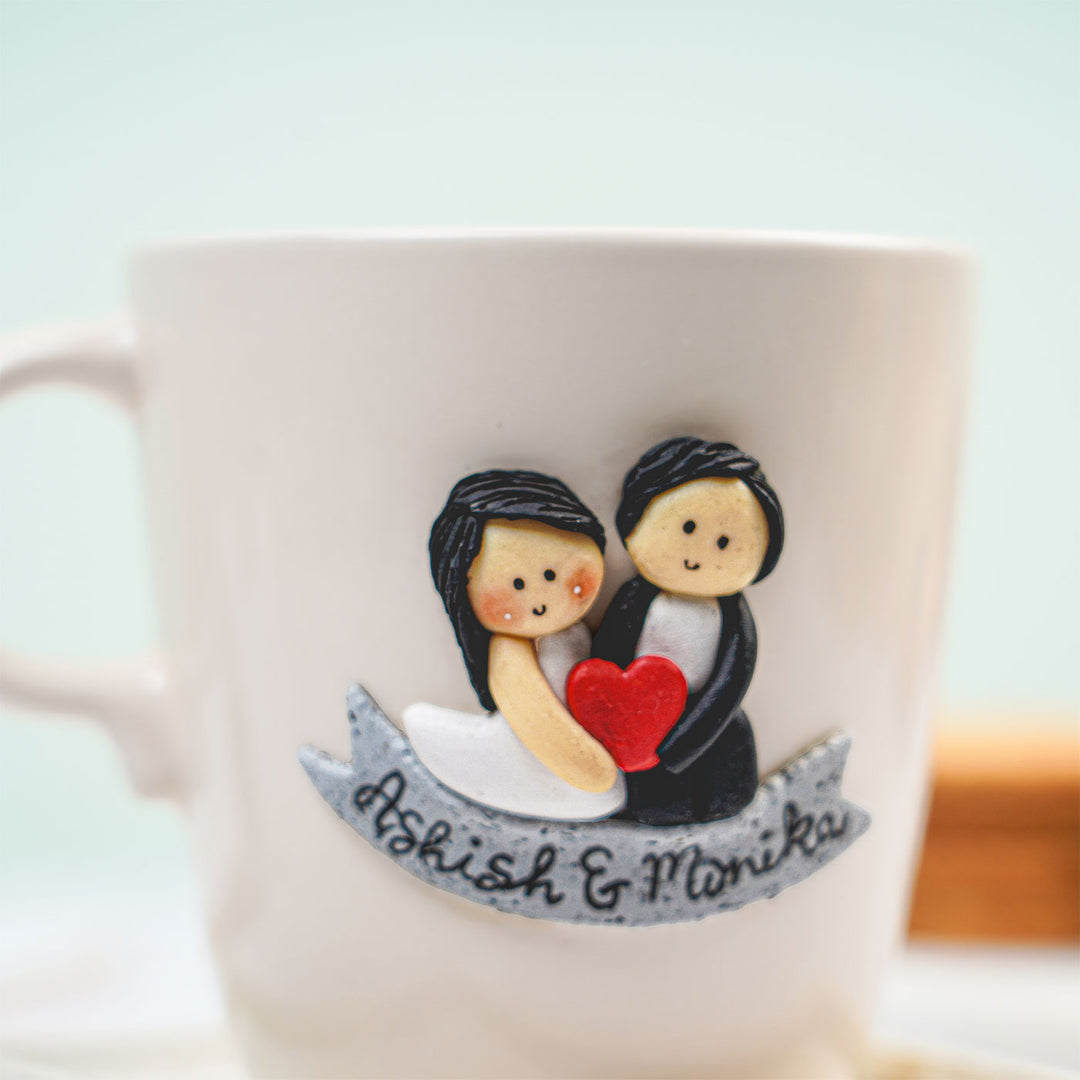 Personalized Couple & Heart Mug With 3D Clay Figurine