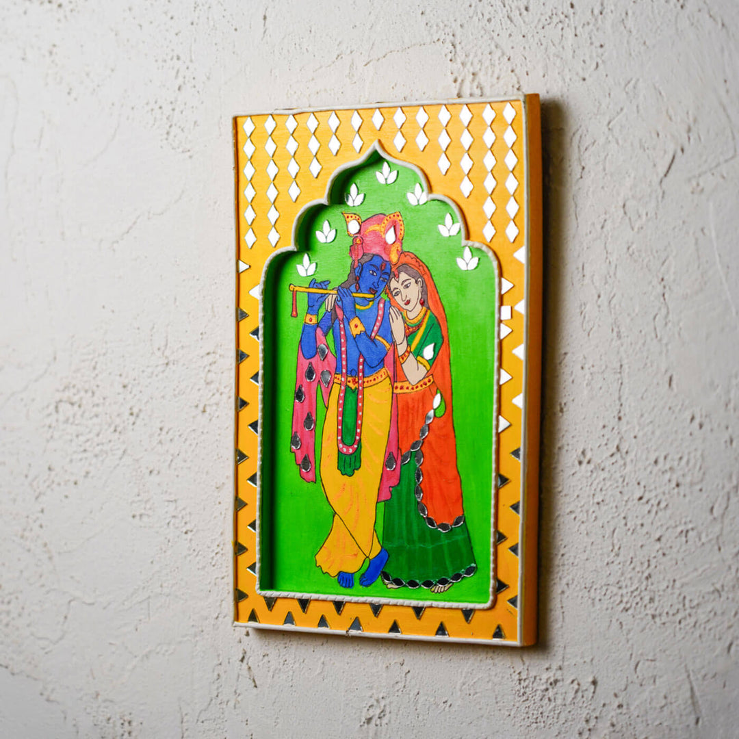 Handcrafted Yellow & Green Frame - Radha-Krishna Traditional Lippan Art Jharokha Wall Art