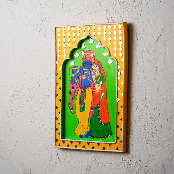 Handcrafted Yellow & Green Frame - Radha-Krishna Traditional Lippan Art Jharokha Wall Art