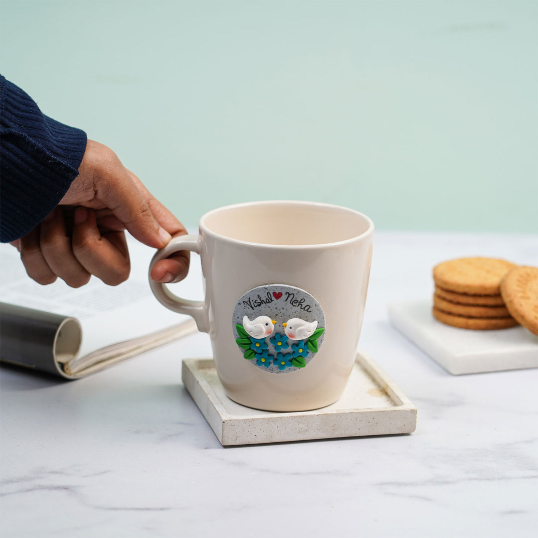 Personalized Love Birds & Flowers Mug With 3D Clay Figurine