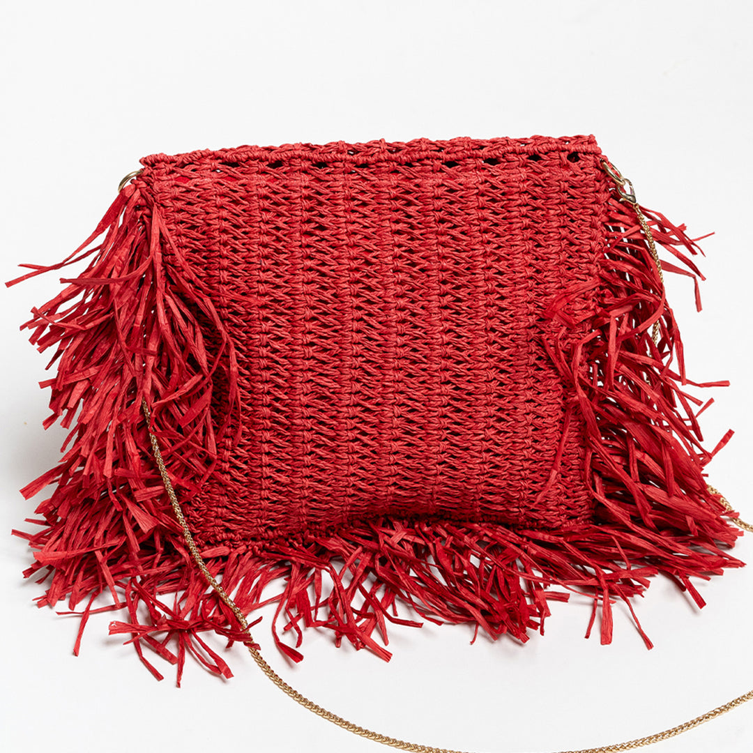 Handmade Macrame Crimson Red Poppy Raffia Handbag