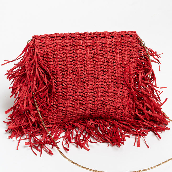 Handmade Macrame Crimson Red Poppy Raffia Handbag