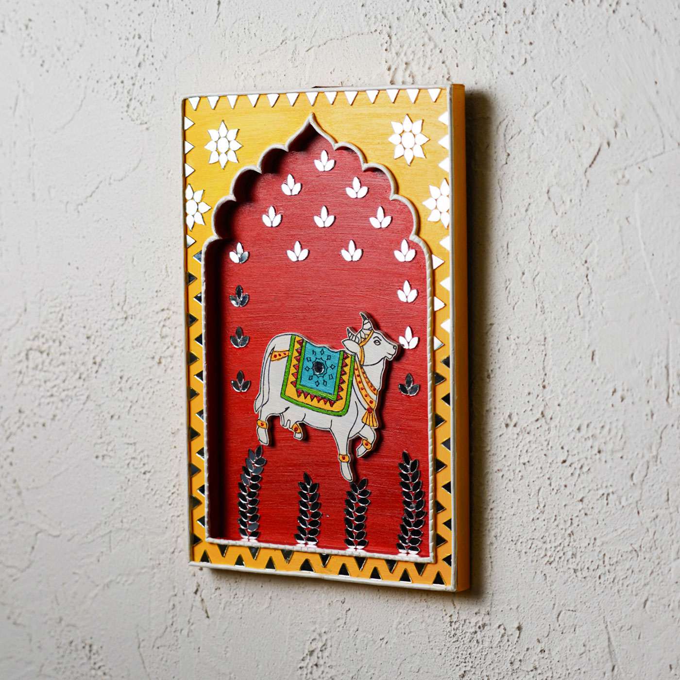 Buy Handcrafted Red & Yellow Frame Cow Traditional Lippan Art
