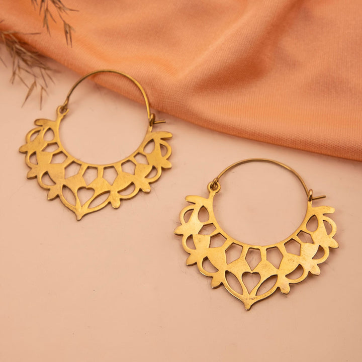 Handmade Brass Modern Hoop Earrings - Floral Drop Pattern