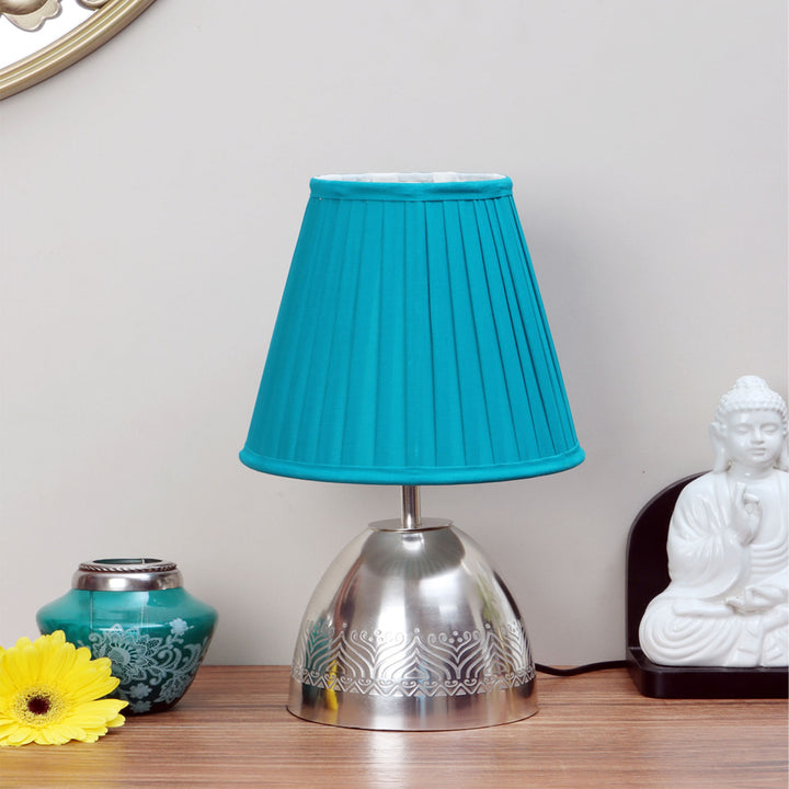 Silver Plated Metal Table Lamp with Pleated Cotton Shade