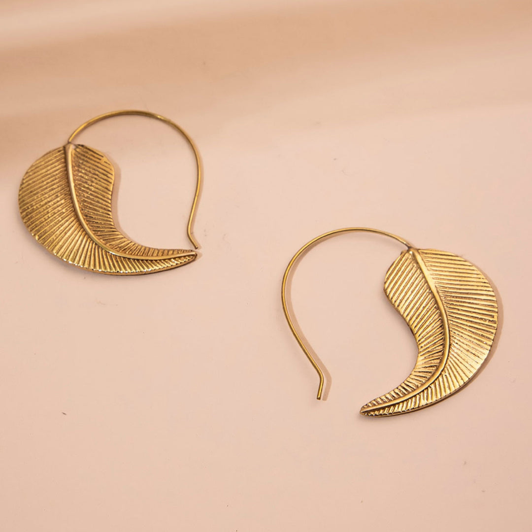 Handmade Brass Modern Hoop Earrings - Gold Leaf Pattern
