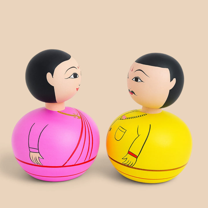 Set of 2 | Hand-Painted Pink & Yellow Bobble Head Couple Wooden Golu Dolls For Gifting & Decor