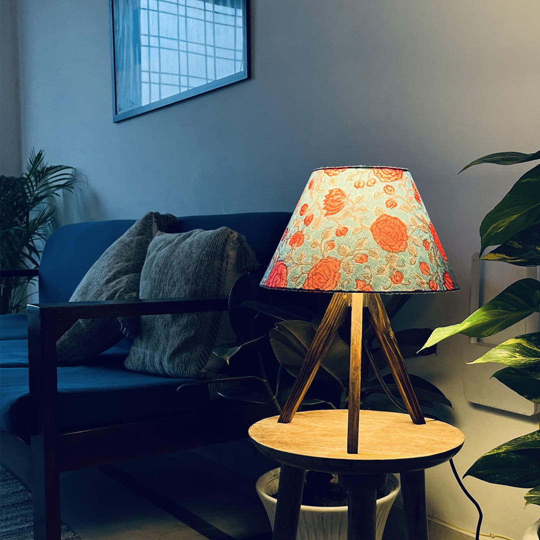 Wooden Tripod Lamp With Block Printed Fabric Shade