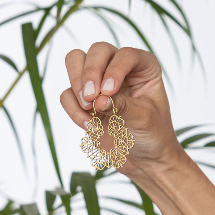 Handmade Brass Modern Hoop Earrings - Leafy Pattern