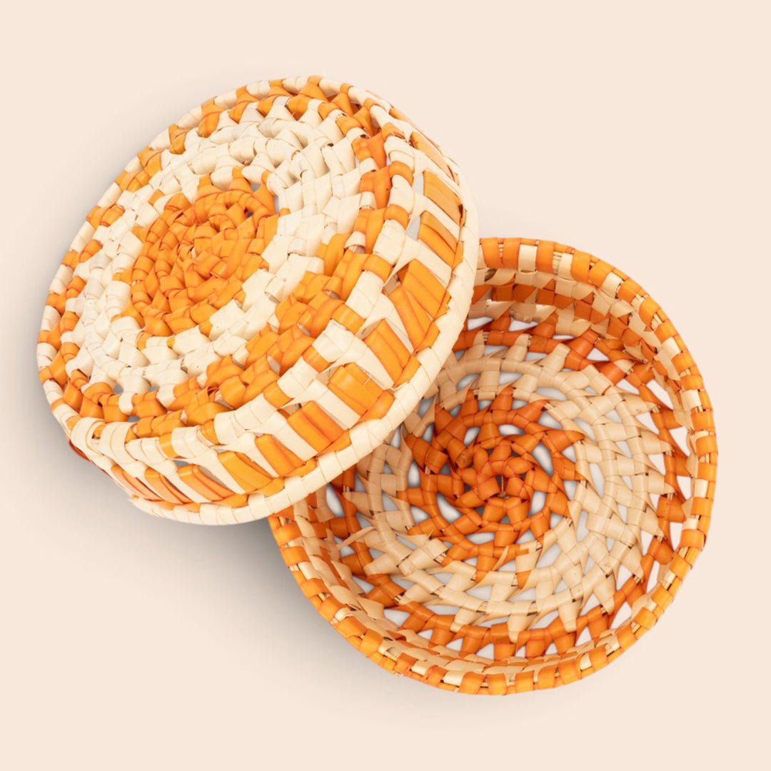 "Nyra" Handcrafted Natural Palm Leaf Round Lidded Gift Box For Storage And Gifting