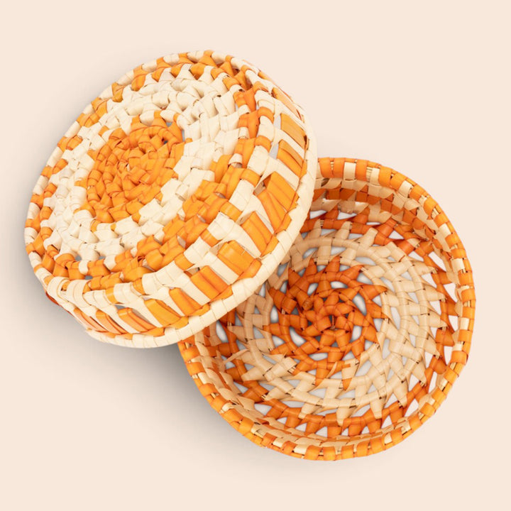 "Nyra" Handcrafted Natural Palm Leaf Round Lidded Gift Box For Storage And Gifting