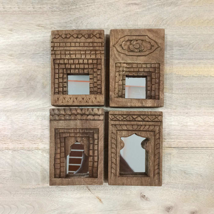 Handcrafted Wooden Temple Mirror Frame | Set of 4