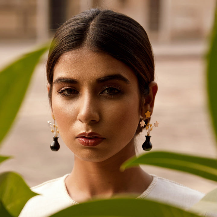 Statement Handmade Flower Pot Brass Earrings | 22K Gold Plated