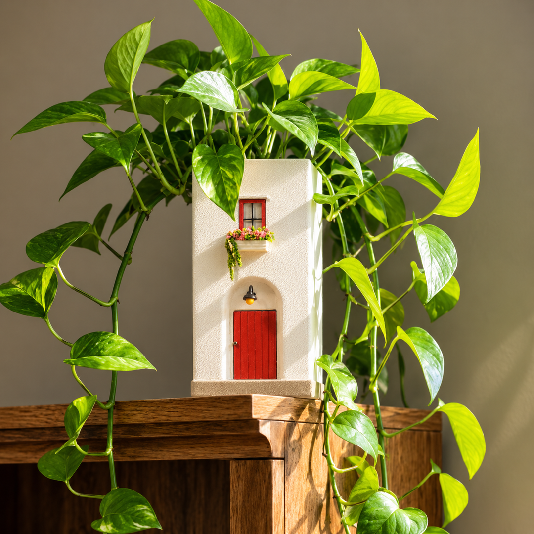Handmade Red Door House-Themed Concrete Vase With Miniature Window & Floral Decor