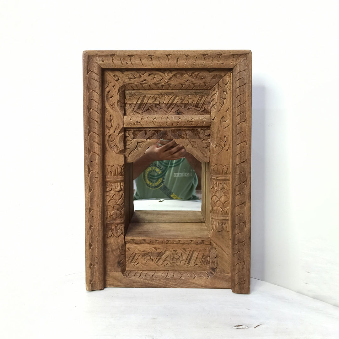 Handcrafted Wooden Mirror Jharokha With Shelf