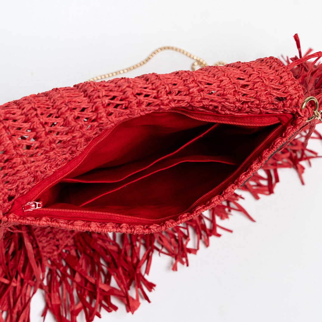 Handmade Macrame Crimson Red Poppy Raffia Handbag