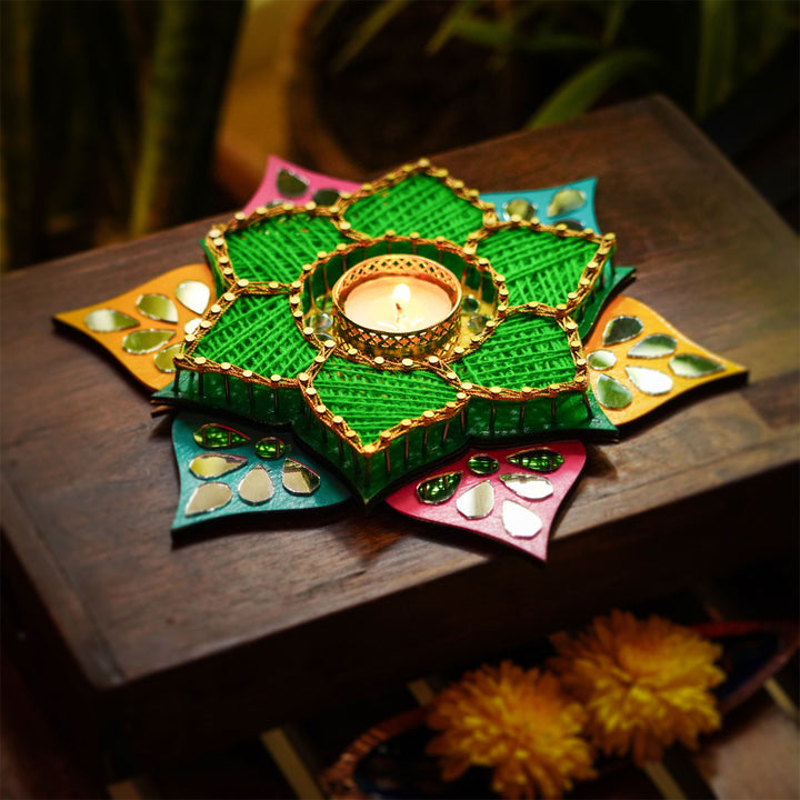 Floral Shaped Green String Art & Mirrors Tealight Holder