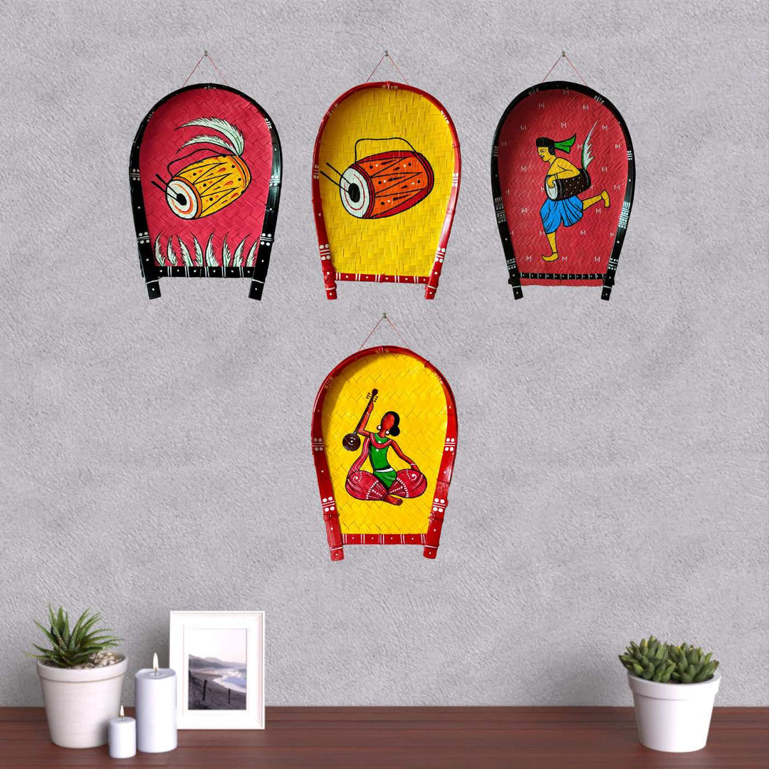 Handpainted Dhak Kulo | Pink Durga Pujo Themed Bamboo Wall Decor