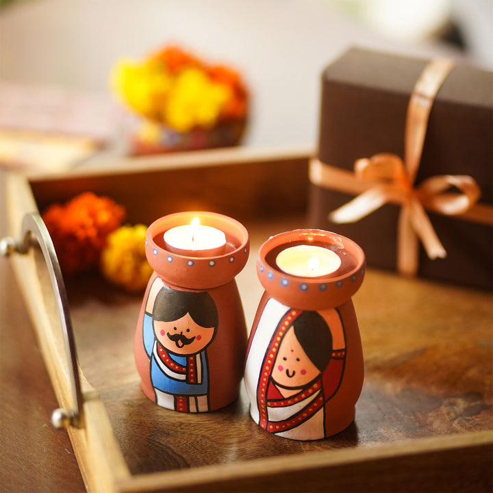 Handpainted Clay Tealight Holders with Bengali Couple | Set of 2