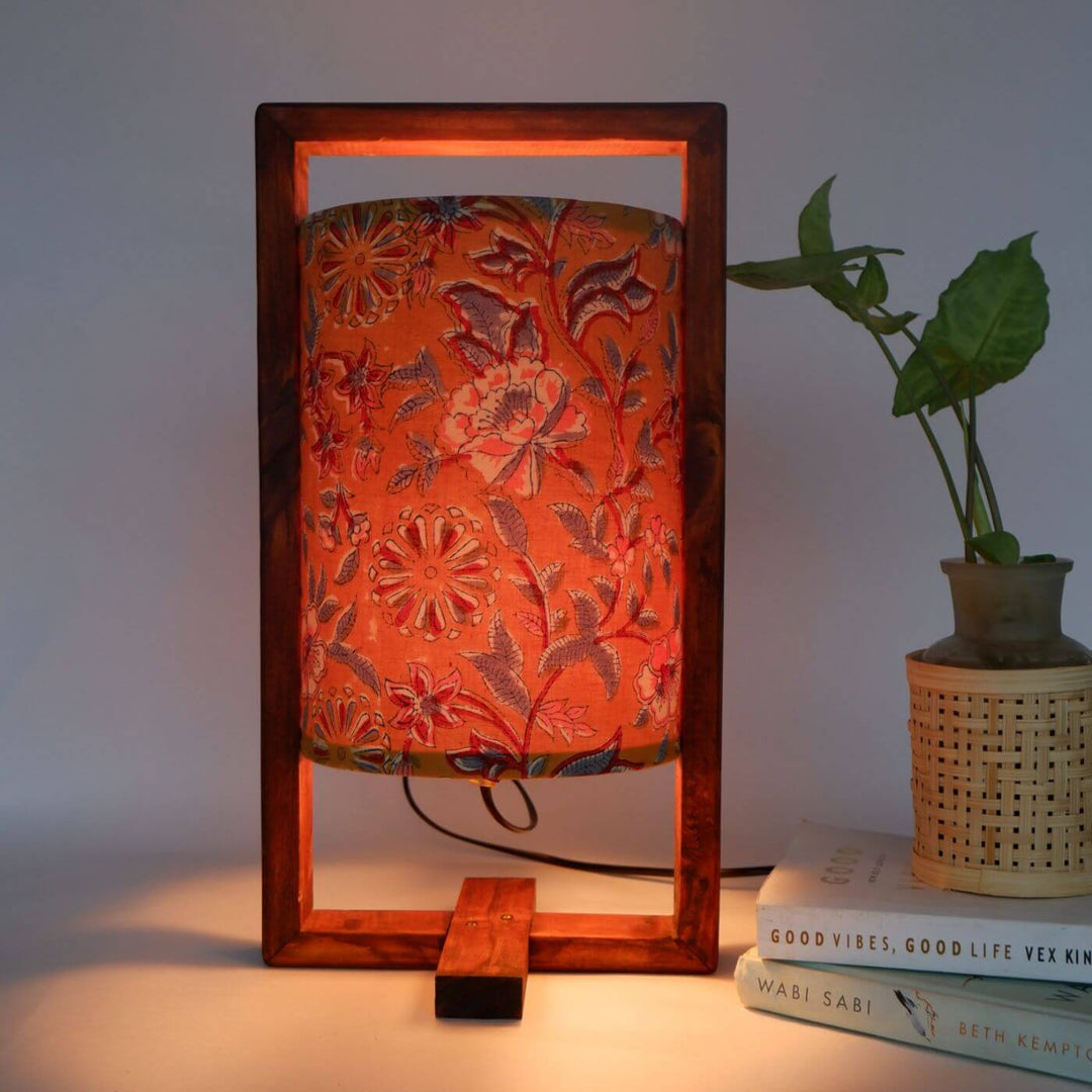 Wooden Table Lamp With Printed Fabric Shade