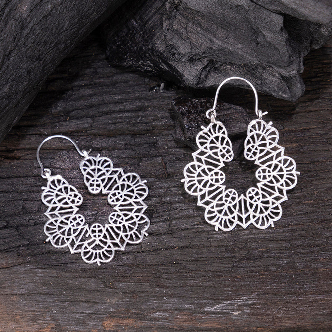 Handmade Brass Modern Hoop Earrings - Leafy Pattern