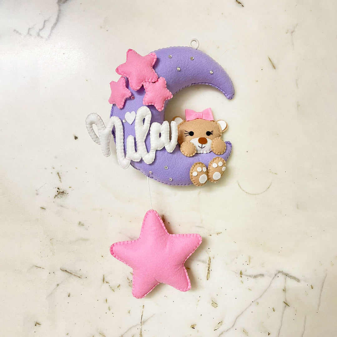 Handmade Teddy On The Moon Kids Felt Name Hanging - Front View Hanging on Wall
