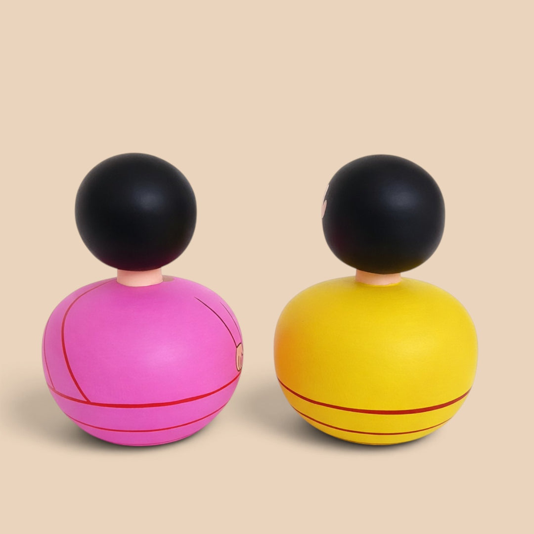 Set of 2 | Hand-Painted Pink & Yellow Bobble Head Couple Wooden Golu Dolls For Gifting & Decor