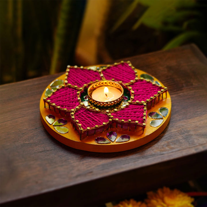 Floral Round Pink String Art & Mirrors Tealight Holder