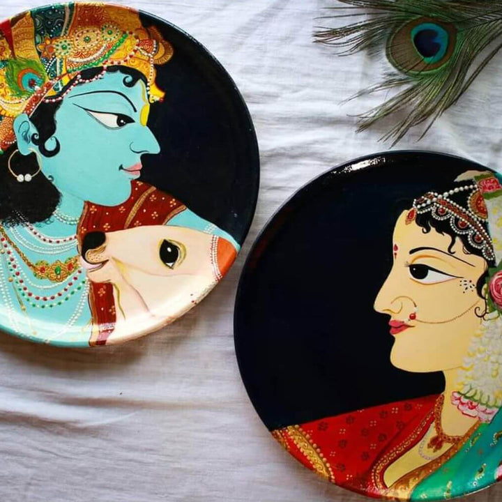 Handpainted Wooden Wall Plate With Radha Krishna Artwork | Set of 2