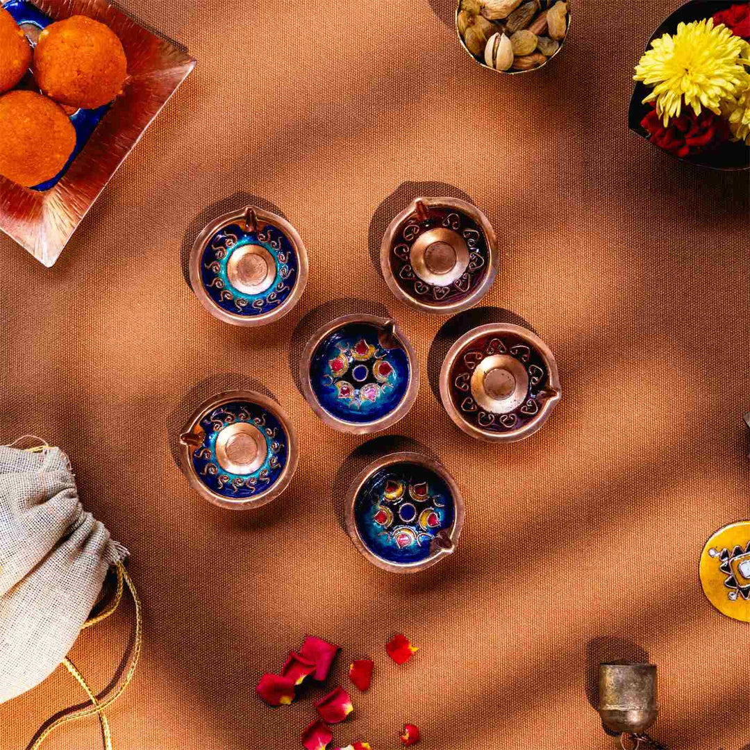 Copper Enamel Colorful Teardrop Diyas I Set of 6